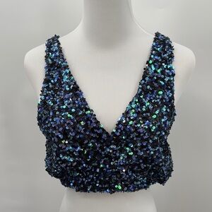 Intimately by Free People Size M Blue Sequined Party Top with Plunge V-Neckline